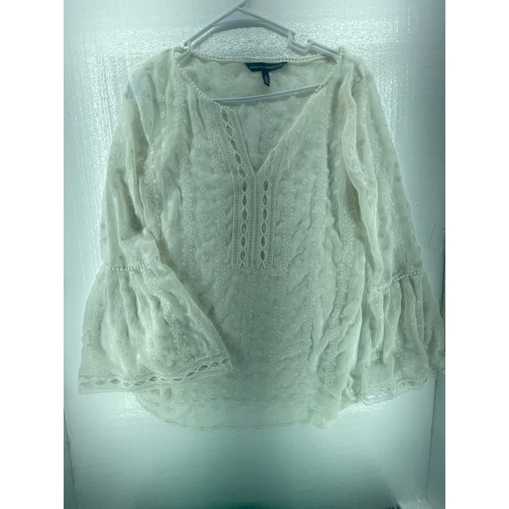 White House Black Market Blouse Bell Sleeve Embroidered Sheer Top Size‎ S
